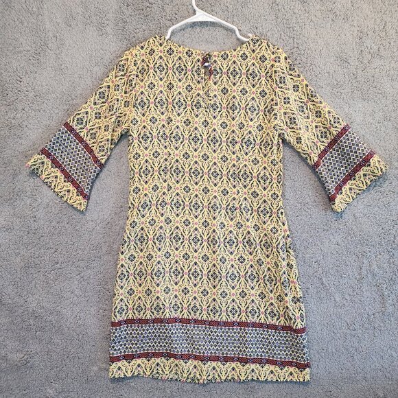 GiBiu Mini Dress Above Knee Yellow Blue Pink Sz Small Damask Style Pattern - Picture 5 of 9